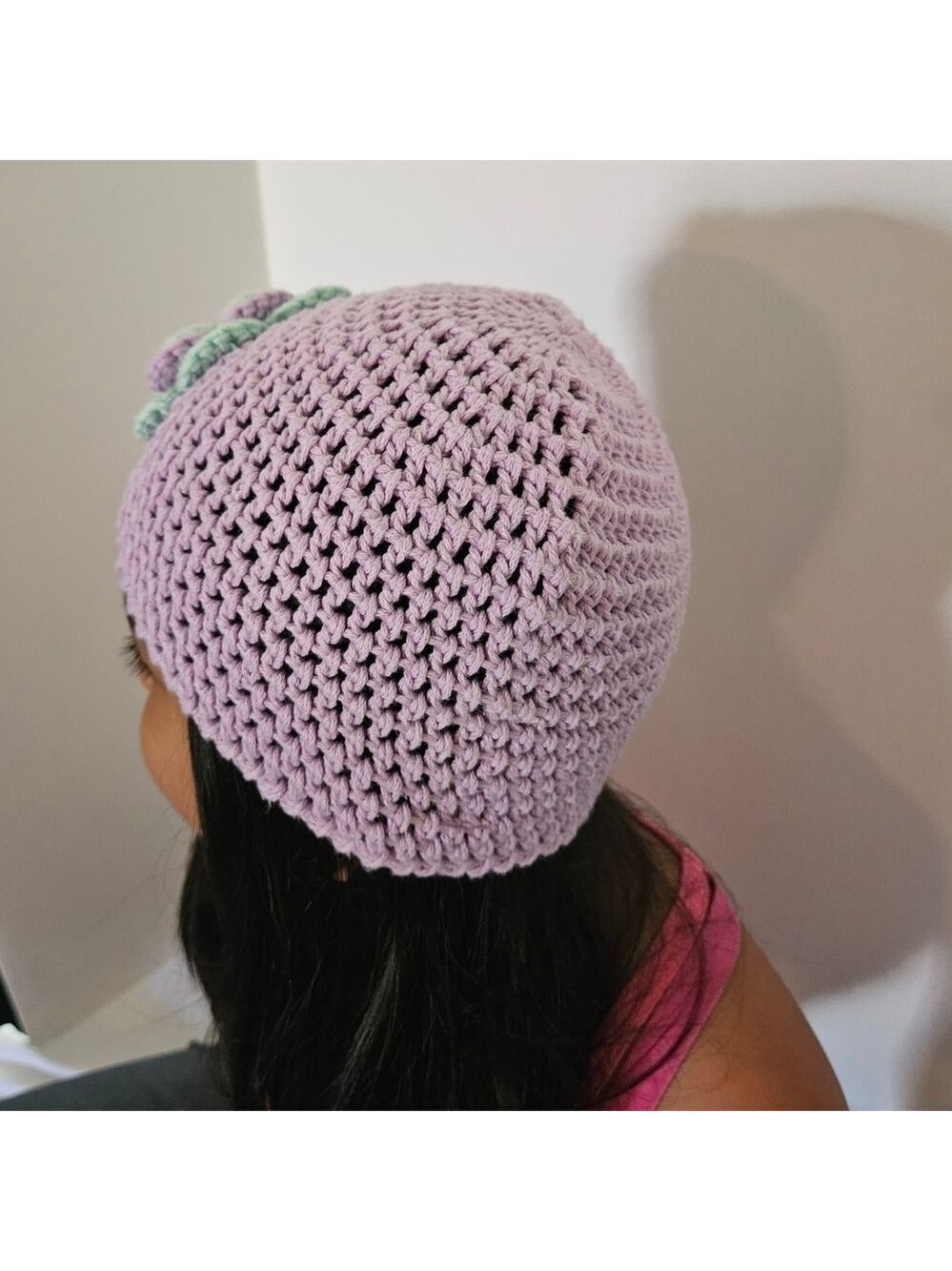 Hand Crafted upcycle crochet lavander Beanie handmade flower grannycore girl hat - Picture 10 of 17